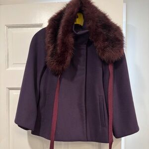 Purple cape with sleeves and removable faux fur collar